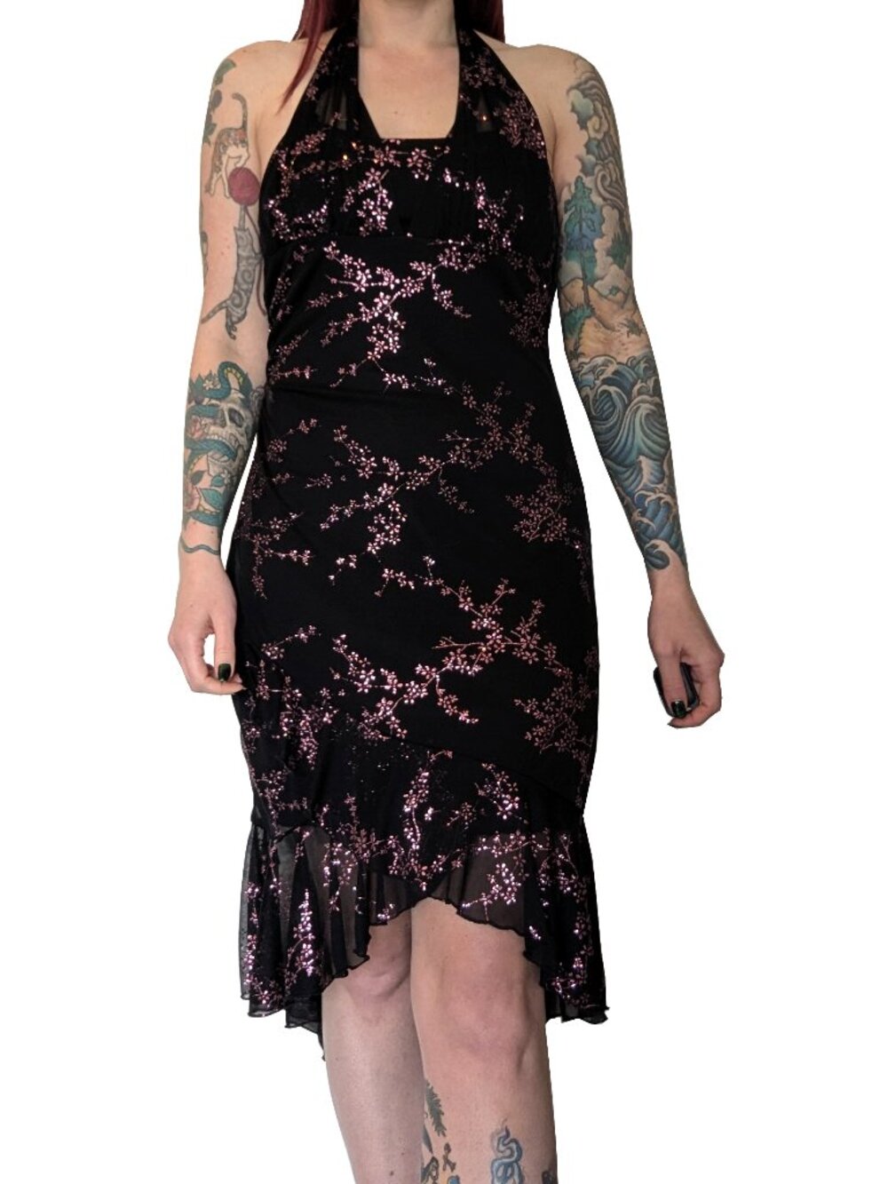 Vintage Taboo Halter Dress Sheer Black with Pink Glitter Floral | M